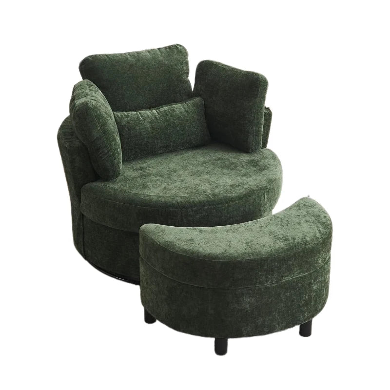 Stylish Green Chenille Swivel Armchair with Cushions and Ottoman Stool, 360° Recliner Sofa, 107L x 105W x 82H cm