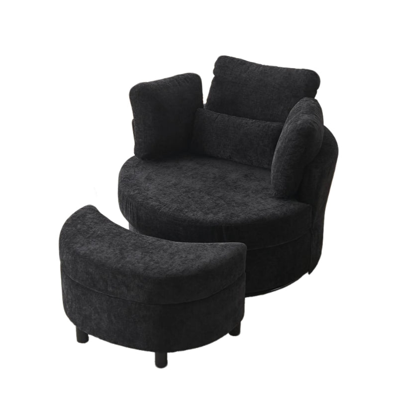 360° Swivel Bedroom Chair with Cushions and Ottoman Stool, Stylish Armchair for Living Room, Black, 107L x 105W x 82H cm