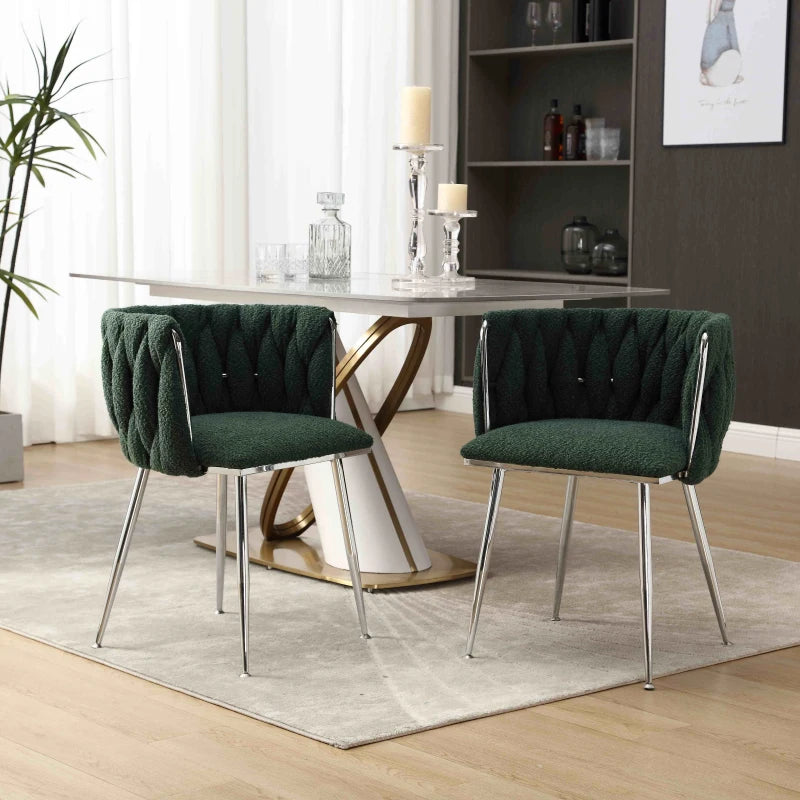 Set of 2 Modern Emerald Dining Chairs with Silver Legs, Hand-woven Backrest, Upholstered Boucle Armrests, 54x52x73 cm