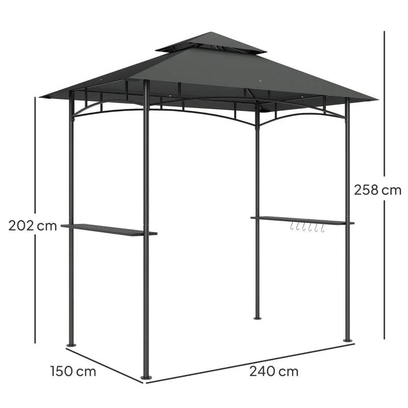8' x 5' Dark Grey Double Tiered BBQ Grill Gazebo Canopy with LED Lights, 2 Side Shelves and Hooks