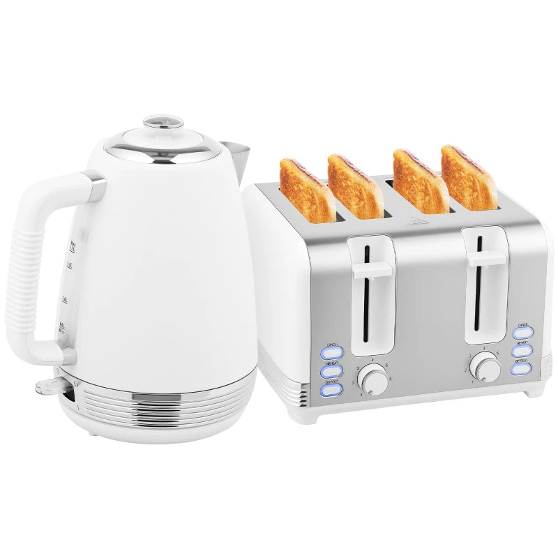 Stainless Steel Kettle & Toaster Set - 1.7L Rapid Boil Jug Kettle with Strix Thermostat & 4 Slice Toaster - White/Silver