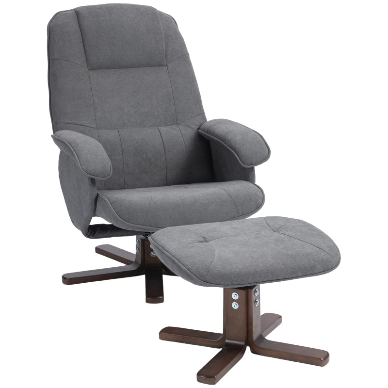 Linen Swivel Recliner Chair with Footstool - Upholstered Reclining Armchair with Wooden Base for Living Room, Grey