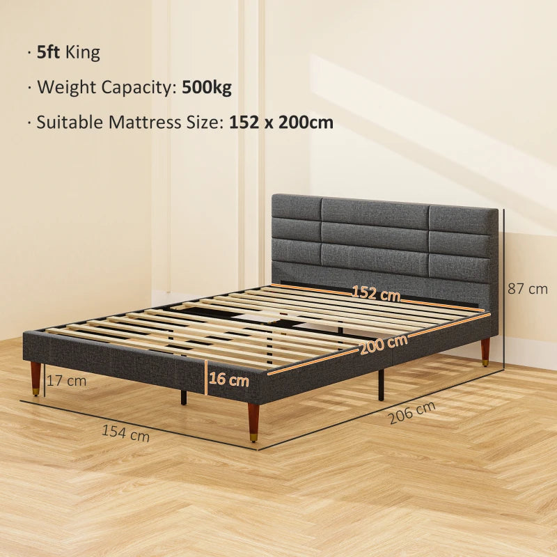 Stylish Grey Upholstered King Bed Frame 154W x 206D x 87H cm with Durable Slats - Modern Bedroom Furniture