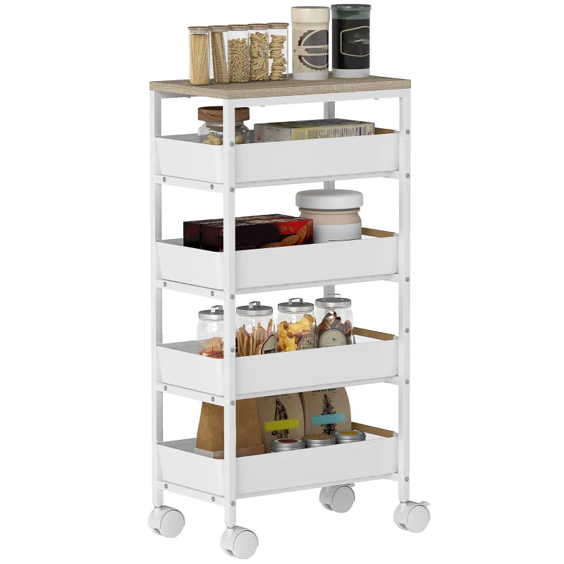 5-Tier Rolling Storage Trolley - White Multi-Functional Organizer Cart with Wheels for Home, Office, and Kitchen