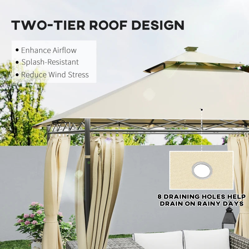 3m x 3m Beige Garden Gazebo with Double Roof, Metal Frame, Curtains & Solar-Powered LED Lights - Outdoor Canopy Shelter for Patio & Decking