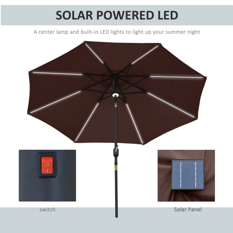 2.7m Solar LED Patio Umbrella with Crank Tilt - Coffee Brown