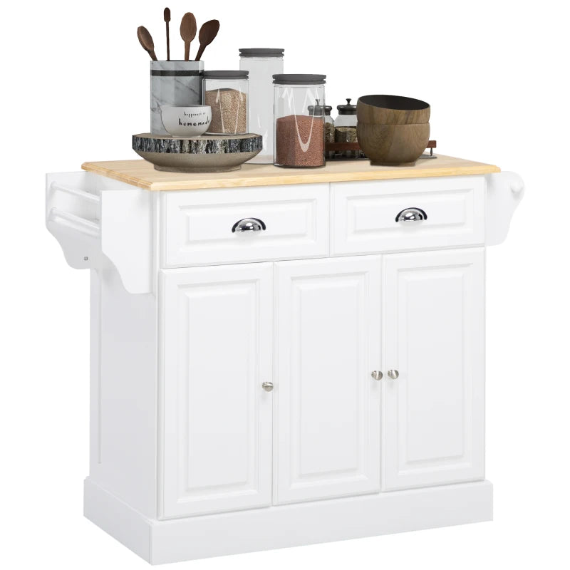 Rolling Kitchen Island Cart with Storage - Rubber Wood Top, Towel Rack & Drawer - White Serving Cart for Home