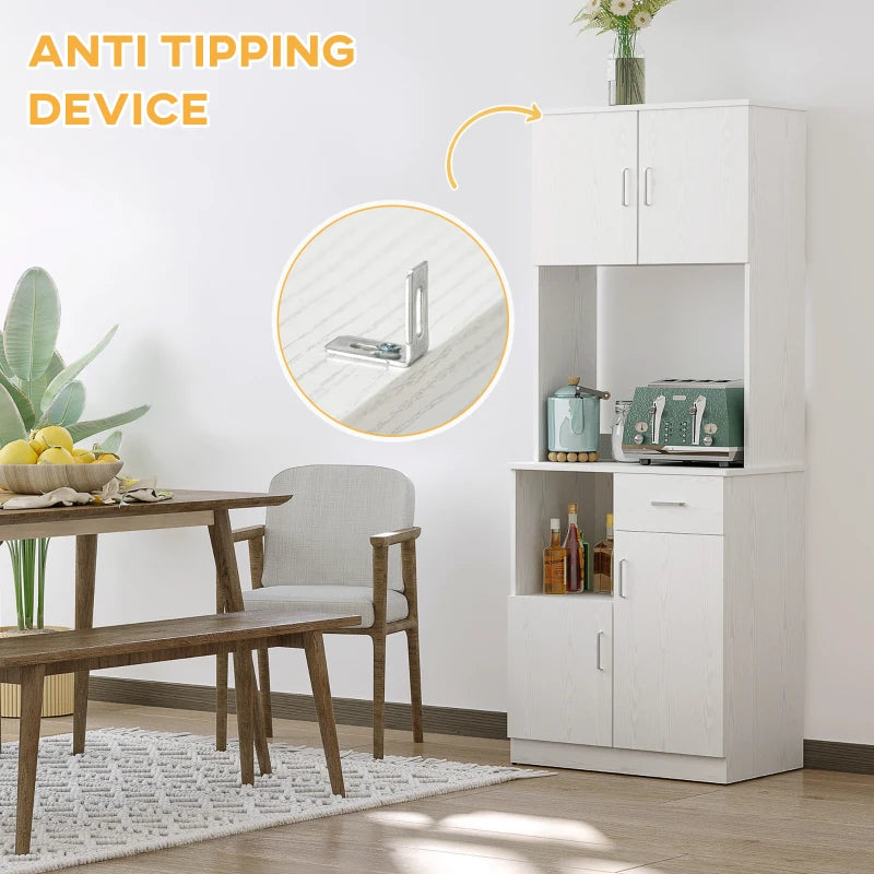 Tall White Kitchen Cupboard with Doors, Shelves, Drawer & Open Countertop - Versatile Storage Cabinet for Living & Dining Rooms