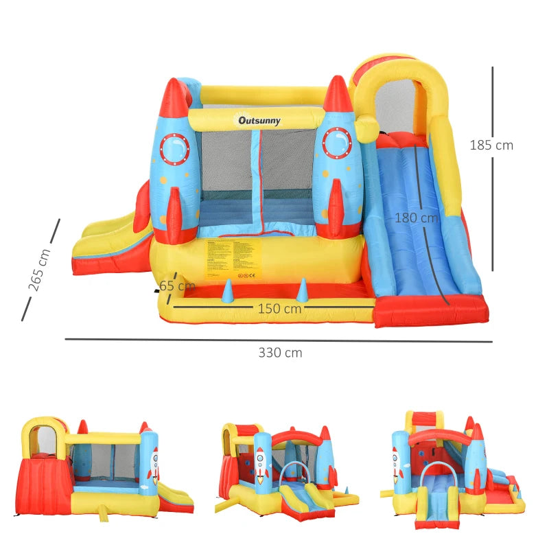 Inflatable Bounce Castle Trampoline Slide Pool Rocket Design 3.4m x 2.8m x 1.85m for Kids Outdoor Fun