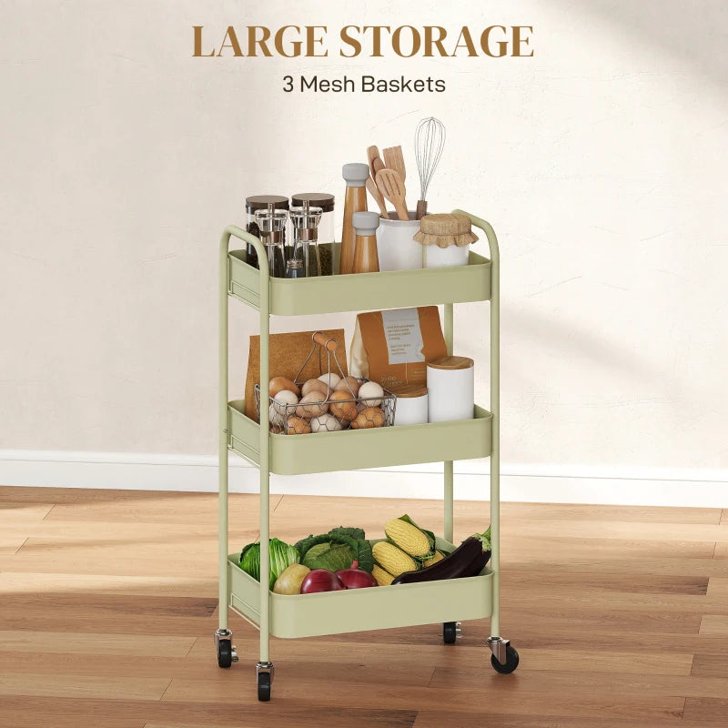 Three-Tier Green Steel Storage Trolley - Versatile Organizer Cart for Home, Office, Kitchen & Garage