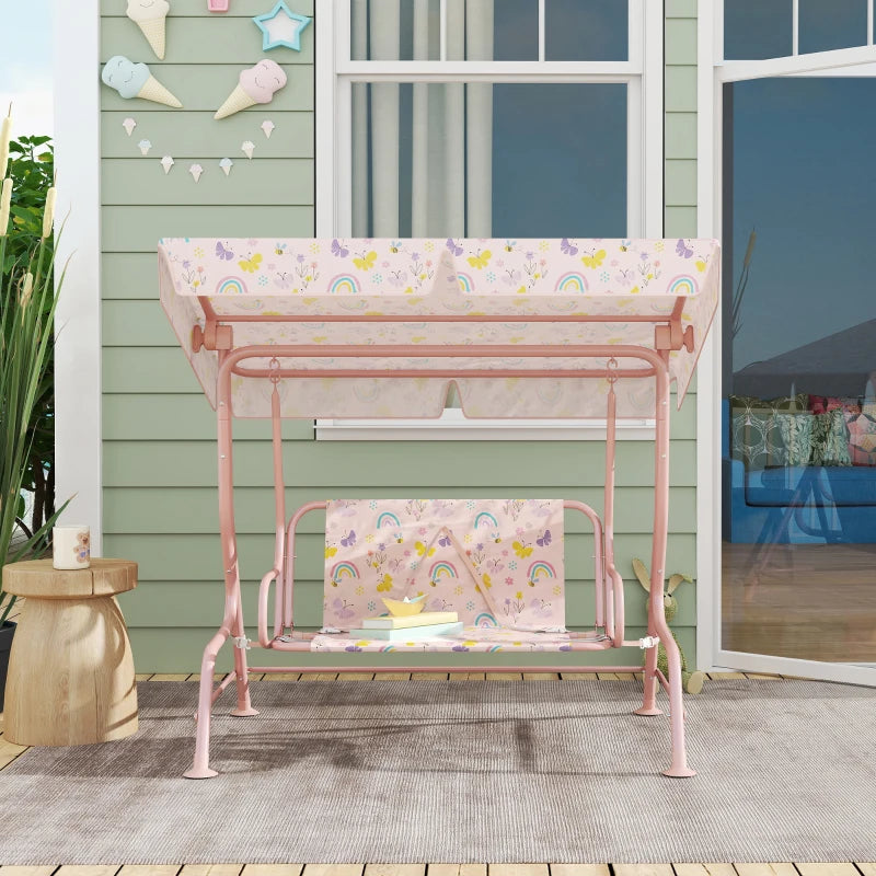 Kids Garden Swing Chair with Adjustable Canopy, Safety Belt, 2 Seater Hammock Swing Bench for Patio and Porch - Pink