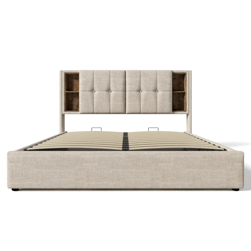 Upholstered Double Bed with Wireless Charging and Hydraulic Storage in Natural Linen Fabric