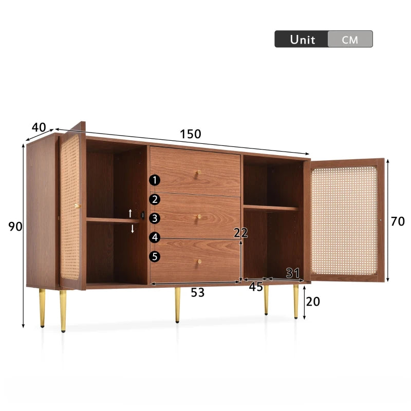 Modern Walnut Sideboard Cabinet with Adjustable Shelf, 2 Doors & 3 Storage Drawers - Stylish Freestanding Chest for Bedroom & Living Room