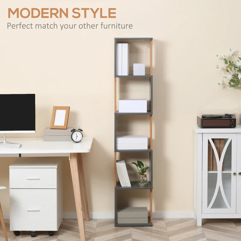 Modern 5-Tier Bookshelf - Freestanding Bookcase for Living Room, Home Office & Study - Stylish Brown & Dark Grey Storage