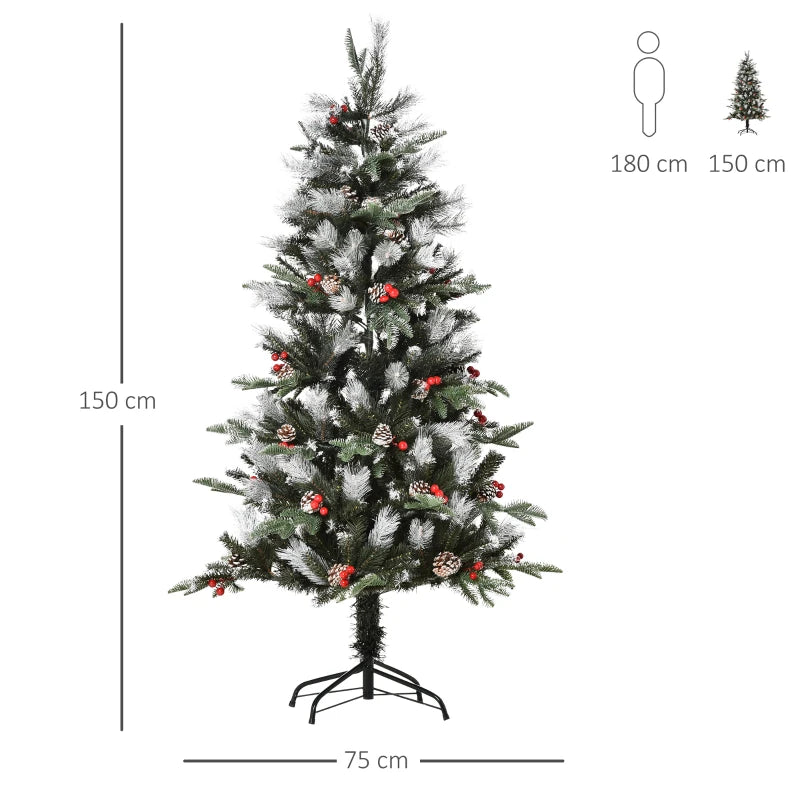 5FT Snow Dipped Christmas Pencil Tree with Red Berries & White Pinecones - Foldable Holiday Decoration for Home Parties