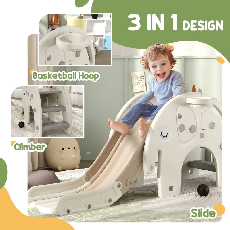 3 in 1 Toddler Slide with Basketball Hoop and Climber for Ages 1-3 Elephant Theme Cream White