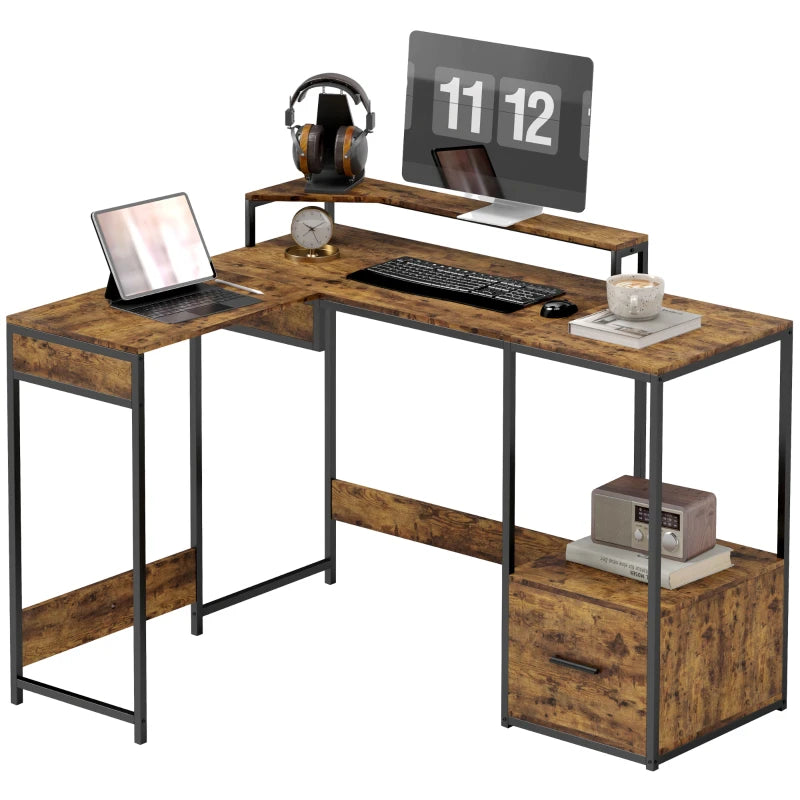 Industrial 'L' Shaped Multi-Work Desk in Brown - Stylish and Functional Home Office Furniture for Productivity