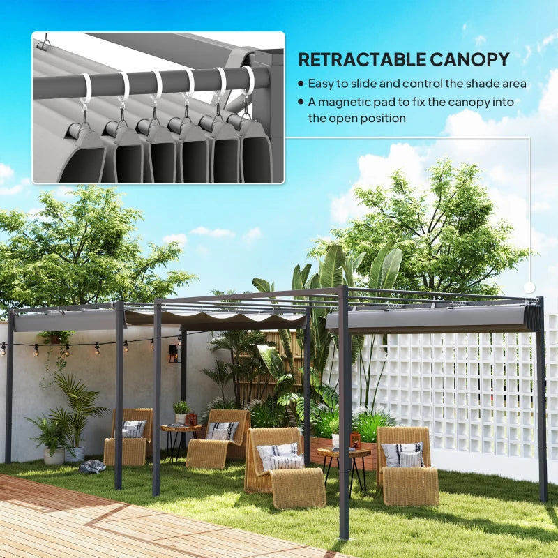 Grey Retractable Roof Garden Pergola with Sun Shade Canopy