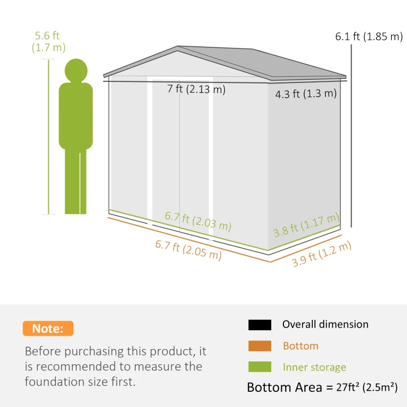 Grey 7ft x 4ft Lockable Garden Metal Storage Shed With Air Vents