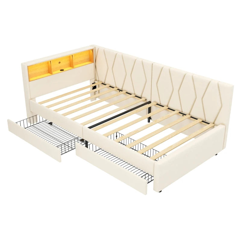 Compact Linen Daybed with Storage Drawers LED Headboard and Charging Station Beige Sofa Bed