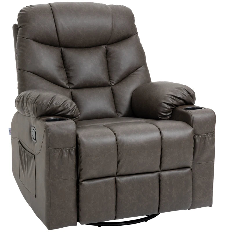Manual Reclining Armchair with Faux Leather, Footrest and Cup Holders - Brown, 86x93x102cm