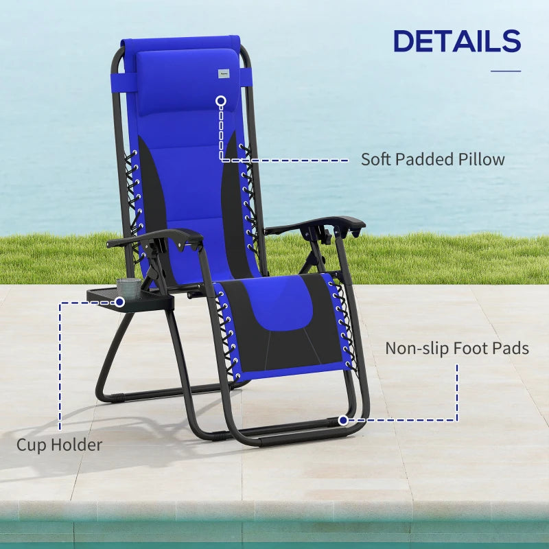 Blue Sun Lounger Chair Set of 2 - Folding Reclining Patio Chairs with Padded Seat, Cup Holder