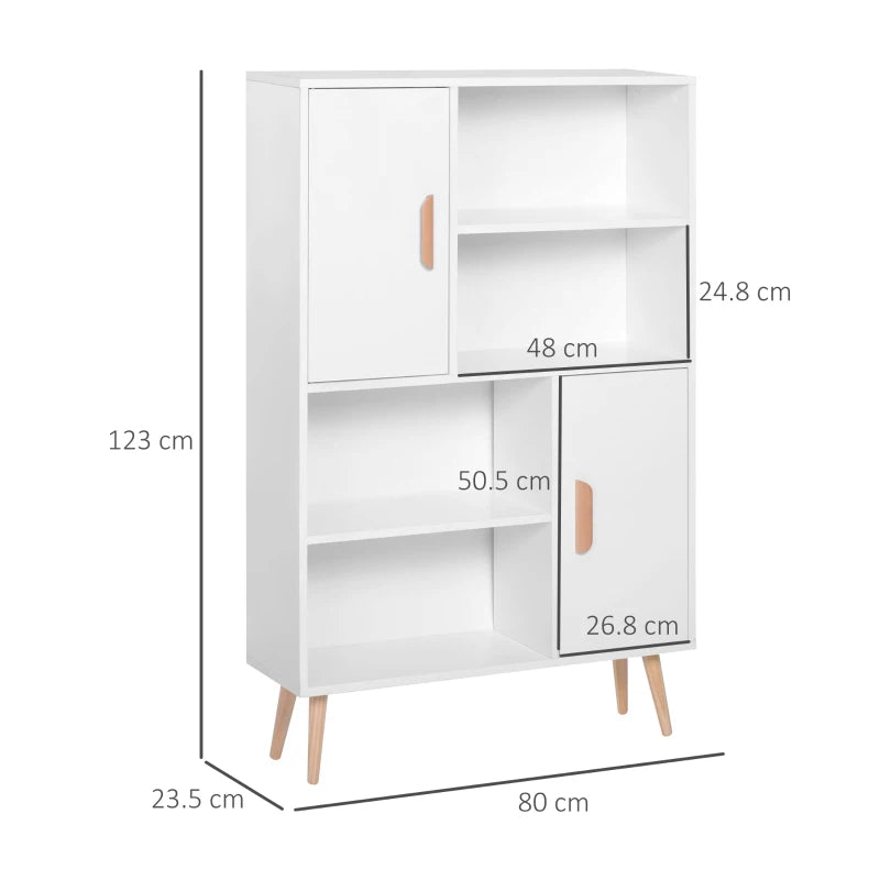Modern White Sideboard Bookshelf - Free Standing Bookcase with Adjustable Shelves, Wooden Legs & Two Doors for Stylish Storage