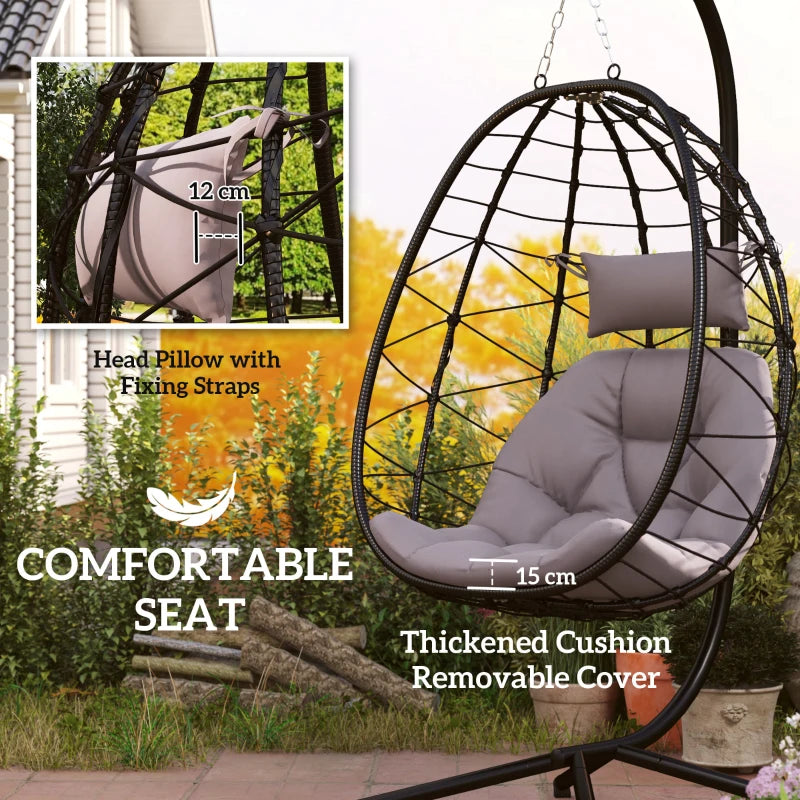 Hanging Egg Chair - Grey Outdoor Indoor Garden Swing Chair with Stand, Thickened Cushion & Headrest - Folding Basket for Patio & Balcony