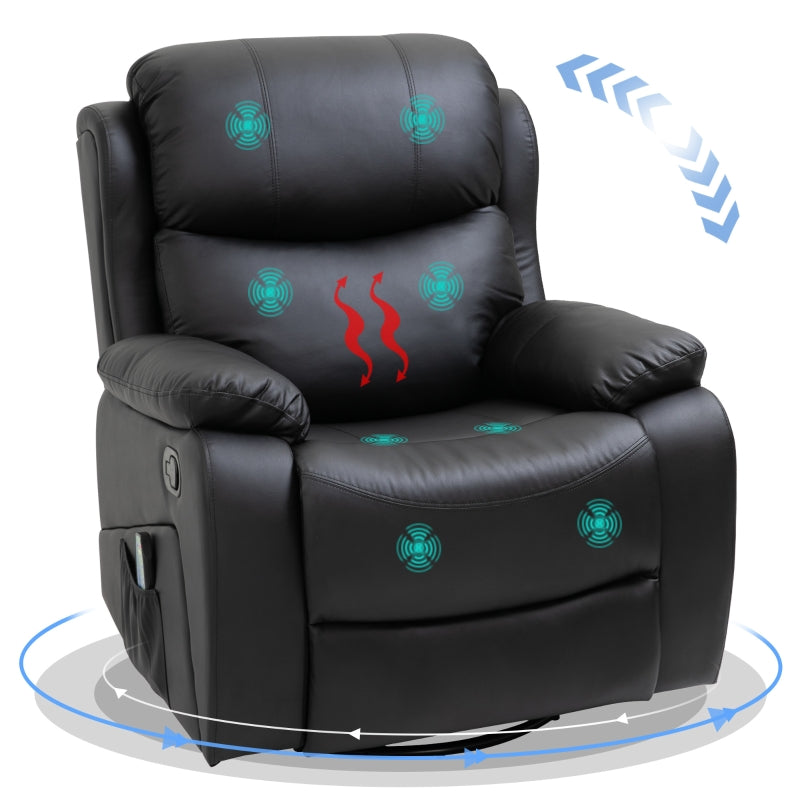 Reclining PU Leather Massage Chair with 8 Points and Heat, Manual Swivel Base, Footrest and Remote Control, Black