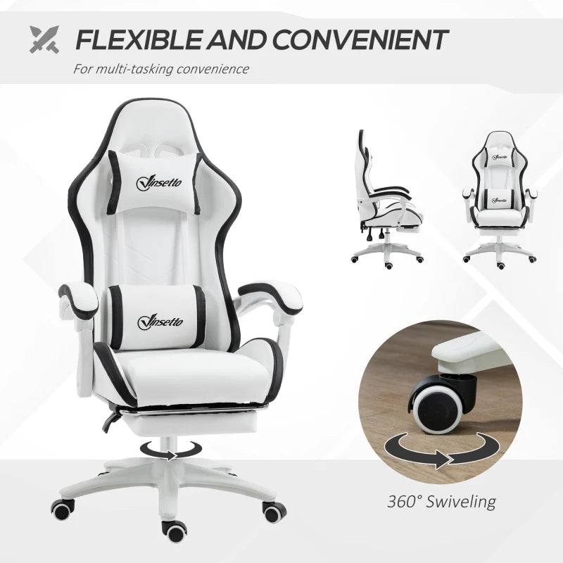 Vinsetto Gaming Chair with Footrest - PU Leather Office Desk Chair, 135° Recline, Lumbar Support, Headrest, White & Black
