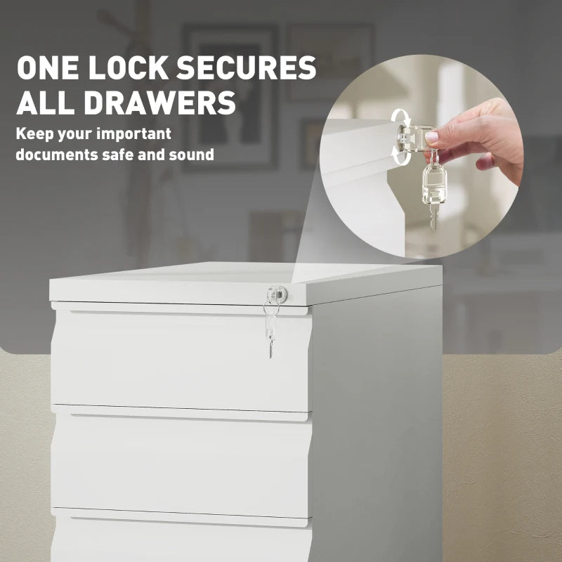 Vinsetto 3-Drawer Lockable Steel Filing Cabinet on Wheels - Modern White Office Storage Solution