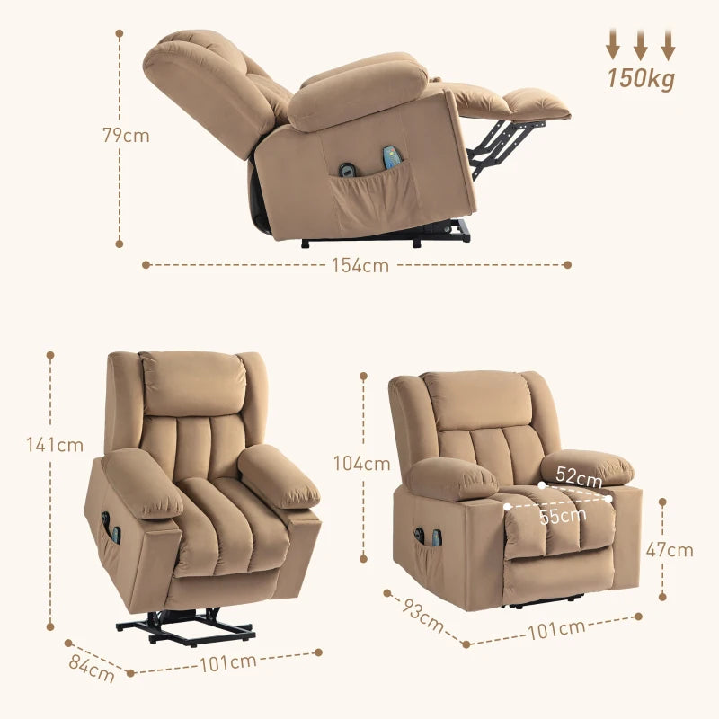 Velvet Electric Riser Recliner Armchair with Massage Function in Light Brown for Ultimate Comfort