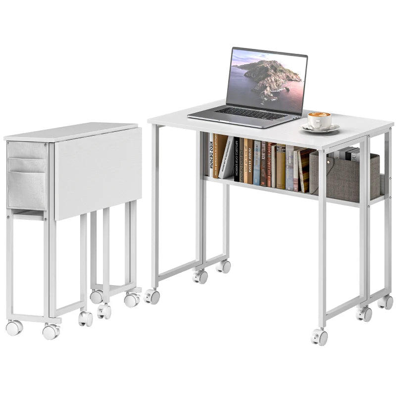 80 cm White Drop Leaf Writing Desk - Compact Home Office Workstation with Versatile Folding Design