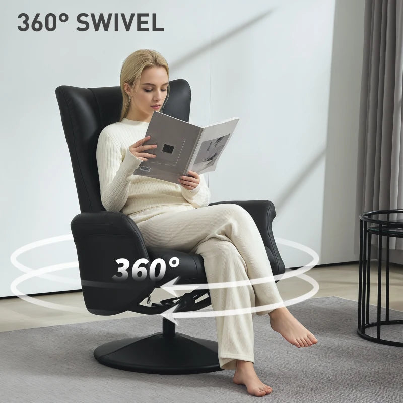 Stylish Swivel Recliner Chair with Footstool - Adjustable PU Leather Armchair for Living Room, Black