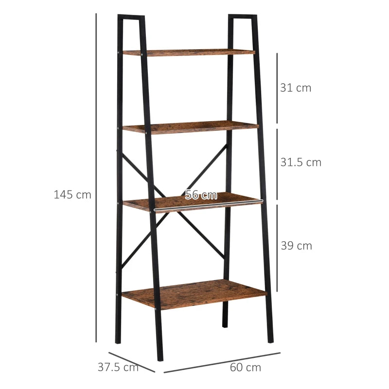 4-Tier Industrial Ladder Shelf - Rustic Brown & Black Bookshelf for Living Room, Bedroom, Kitchen Storage Rack
