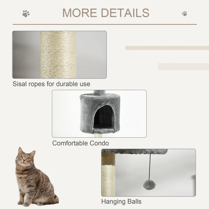 Light Grey Floor to Ceiling Cat Tree - Multi-Layer Condo & Activity Center for Indoor Cats with Scratching Post & Hanging Balls