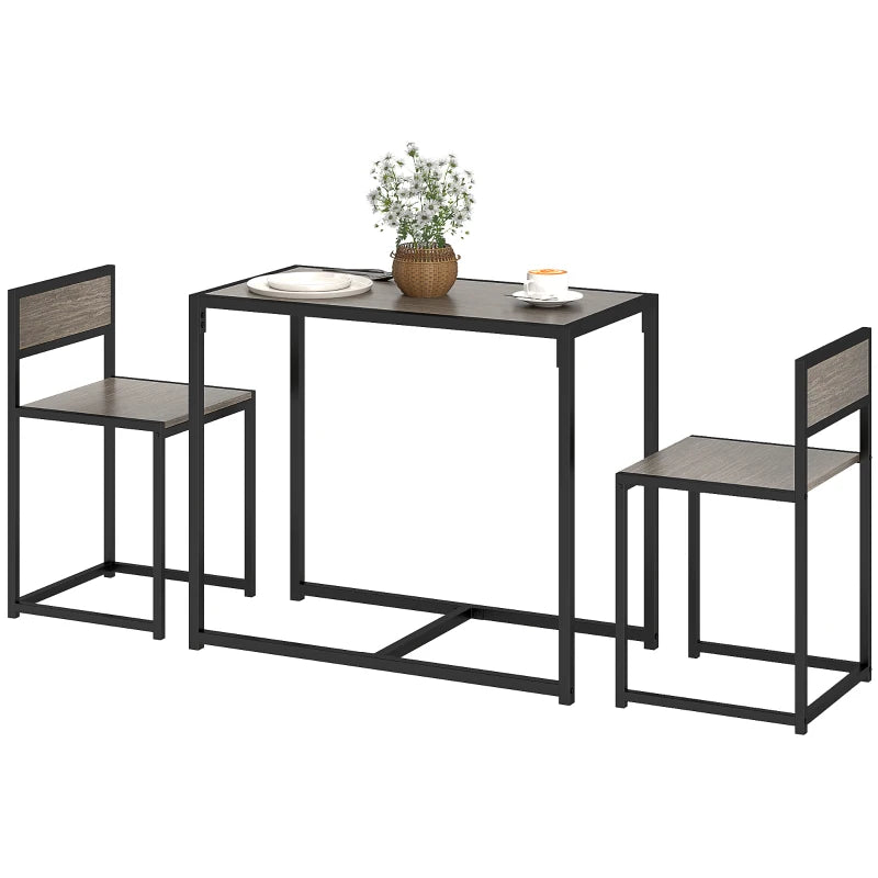 Compact Dining Table and Chairs Set for Small Spaces - Rectangular Steel Frame with Grey Wood-Effect Finish - 2-Piece Dining Room Set