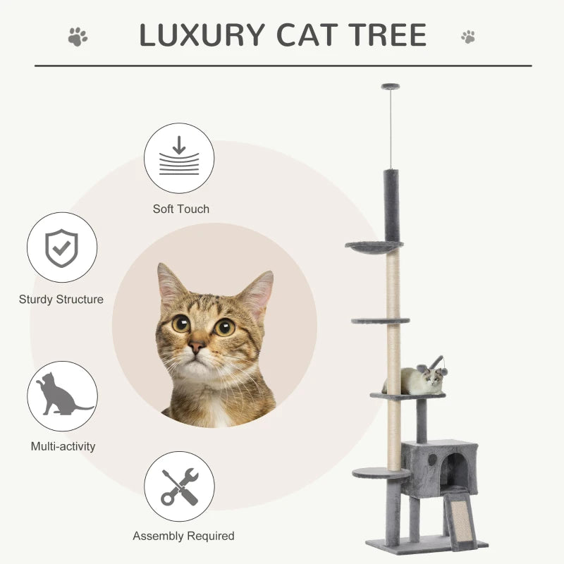 270cm Cat Tree for Indoor Cats - Floor to Ceiling Scratching Post with Hammock & Hanging Ball - Grey Activity Center