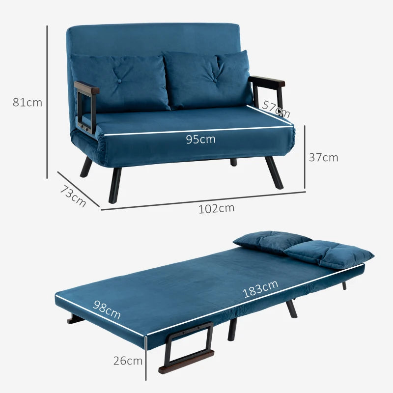 Velvet-Feel Double Sofa Bed with Pillows in Blue - Versatile 4-in-1 Design for Comfort and Style