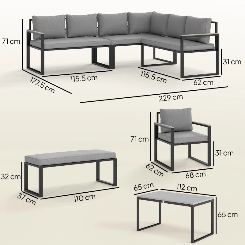 6-Piece L-Shaped Garden Furniture Set with 3 Loveseats - Grey Outdoor Seating