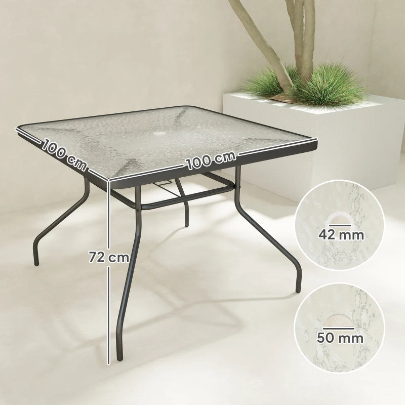 Square Garden Dining Table with Tempered Glass Top & Umbrella Hole - 100x100 cm Outdoor Furniture