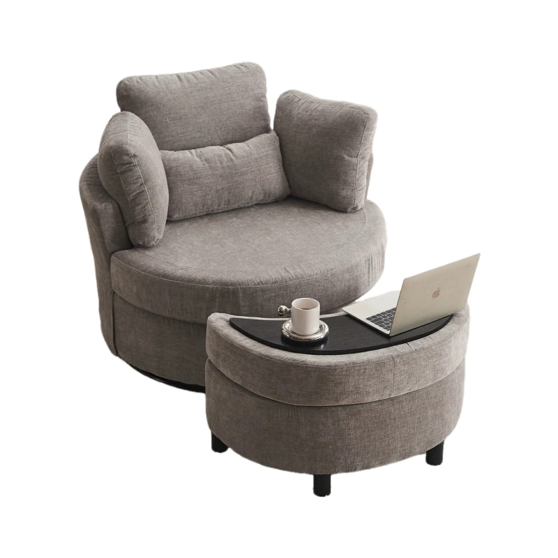 Stylish Grey Chenille Swivel Armchair with 3 Back Cushions and Crescent Ottoman Stool, 360° Rotation, 107L x 105W x 82H cm