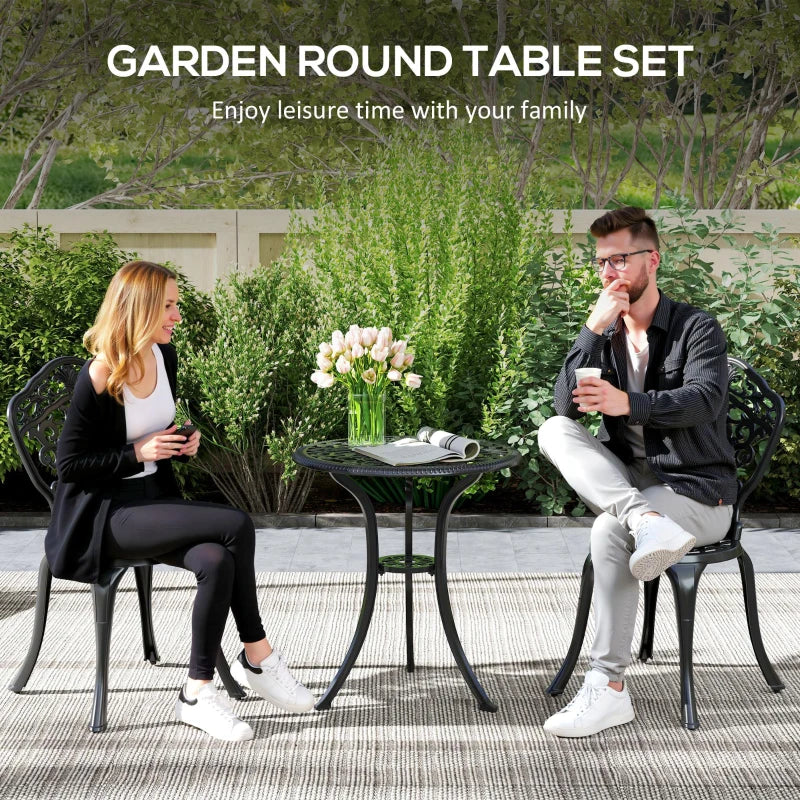 3 Piece Black Cast Aluminium Garden Bistro Set for 2 - Outdoor Coffee Table Set with Parasol Hole, Includes 2 Armless Chairs and Round Coffee Table for Balcony and Patio