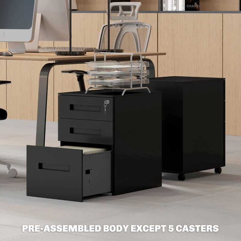 Vinsetto Black Three-Drawer Steel Filing Cabinet - Durable Office Storage Solution for Organizing Documents and Files