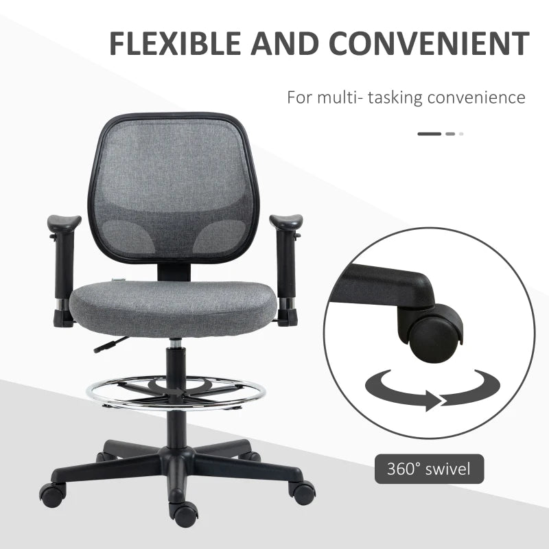 Vinsetto Ergonomic Drafting Chair - Adjustable Fabric Office Stool with Height Armrest & Foot Ring, 360° Swivel, Grey