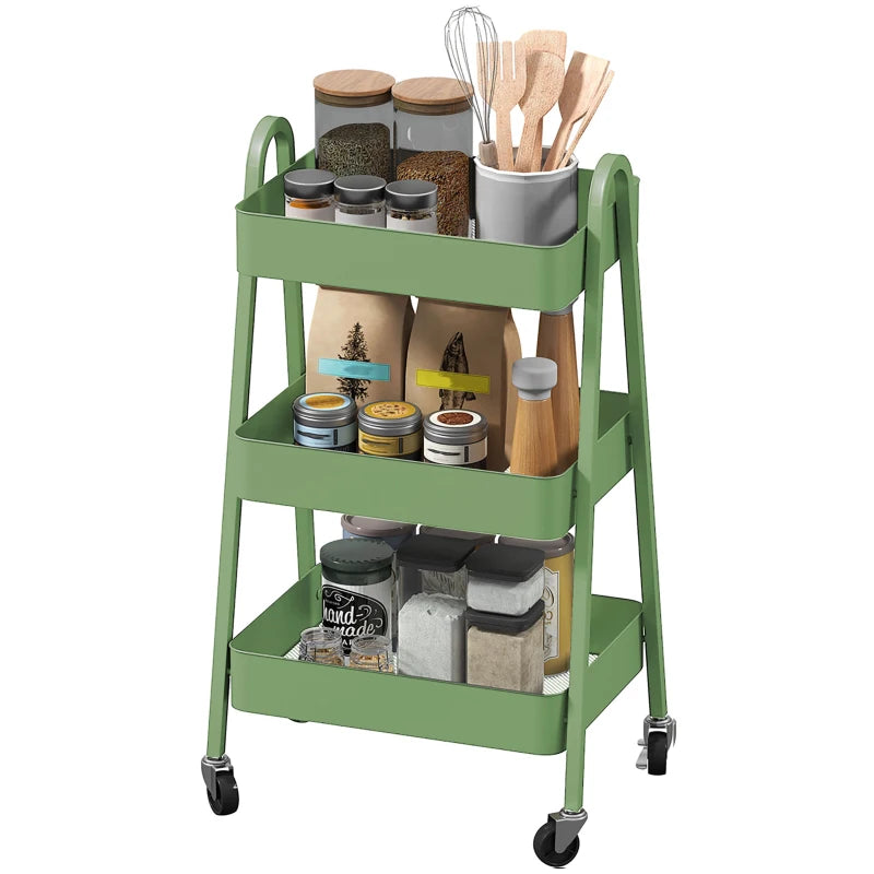 Versatile Three-Tier Green Storage Trolley - Perfect for Organizing Home, Office, or Kitchen - Stylish and Functional Design