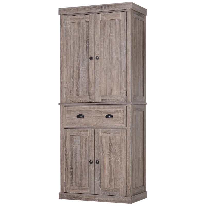 Freestanding 184cm Tall Kitchen Cupboard - Traditional Colonial 4-Door Pantry Storage Cabinet with Drawer, Dark Wood Grain Finish
