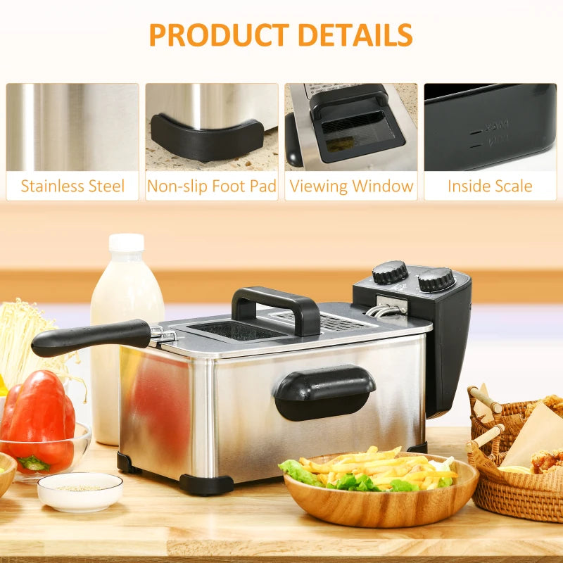 3L Stainless Steel Deep Fat Fryer - 2000W, Adjustable Temperature, 60min Timer, Viewing Window & Safety Cut Out