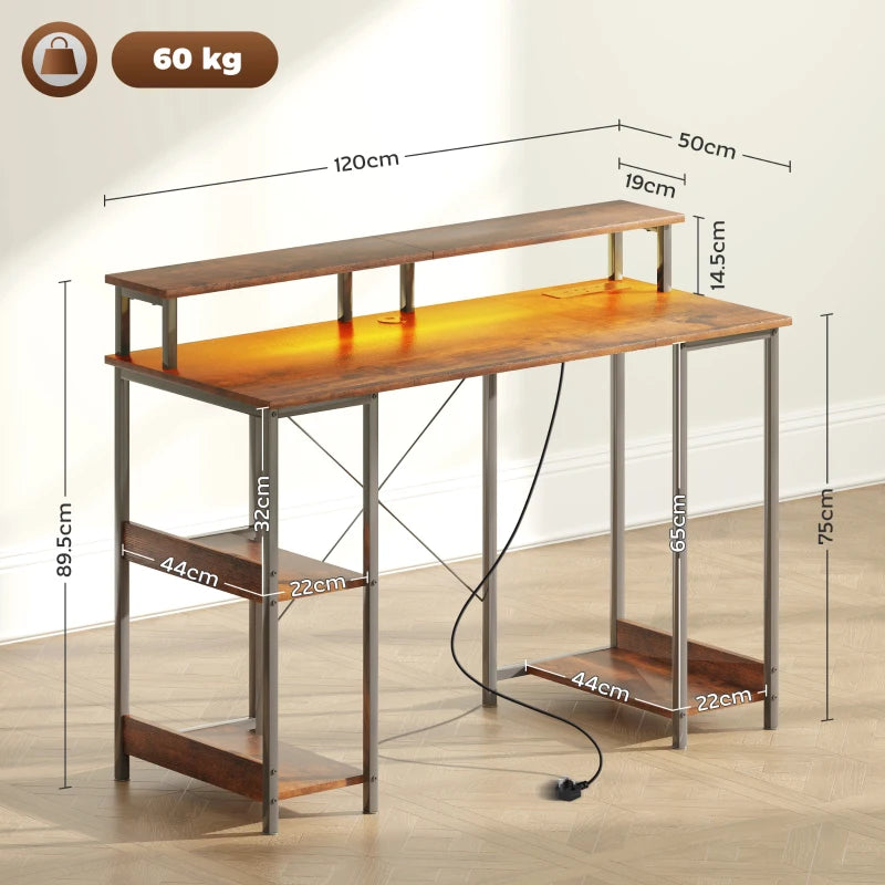Rustic Brown LED Computer Desk with Power Outlets & Shelves - Modern Home Office Furniture for Productivity