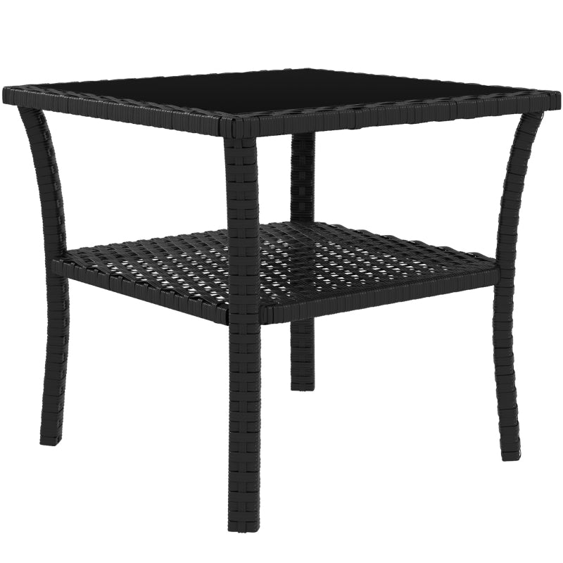 Black Two-Tier PE Rattan Square Coffee Table for Outdoor Patio and Garden